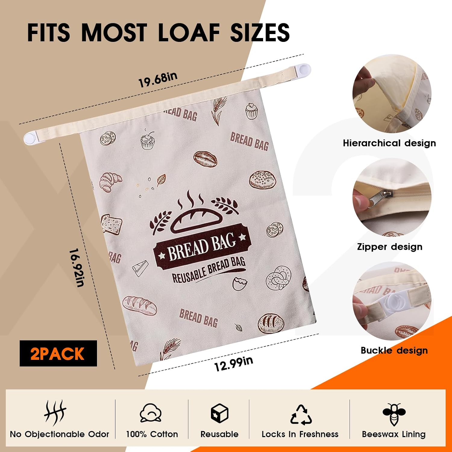 2 Pack Reusable Beeswax Bread Bags, 100% Cotton Food Grade Zipper Bags image 5