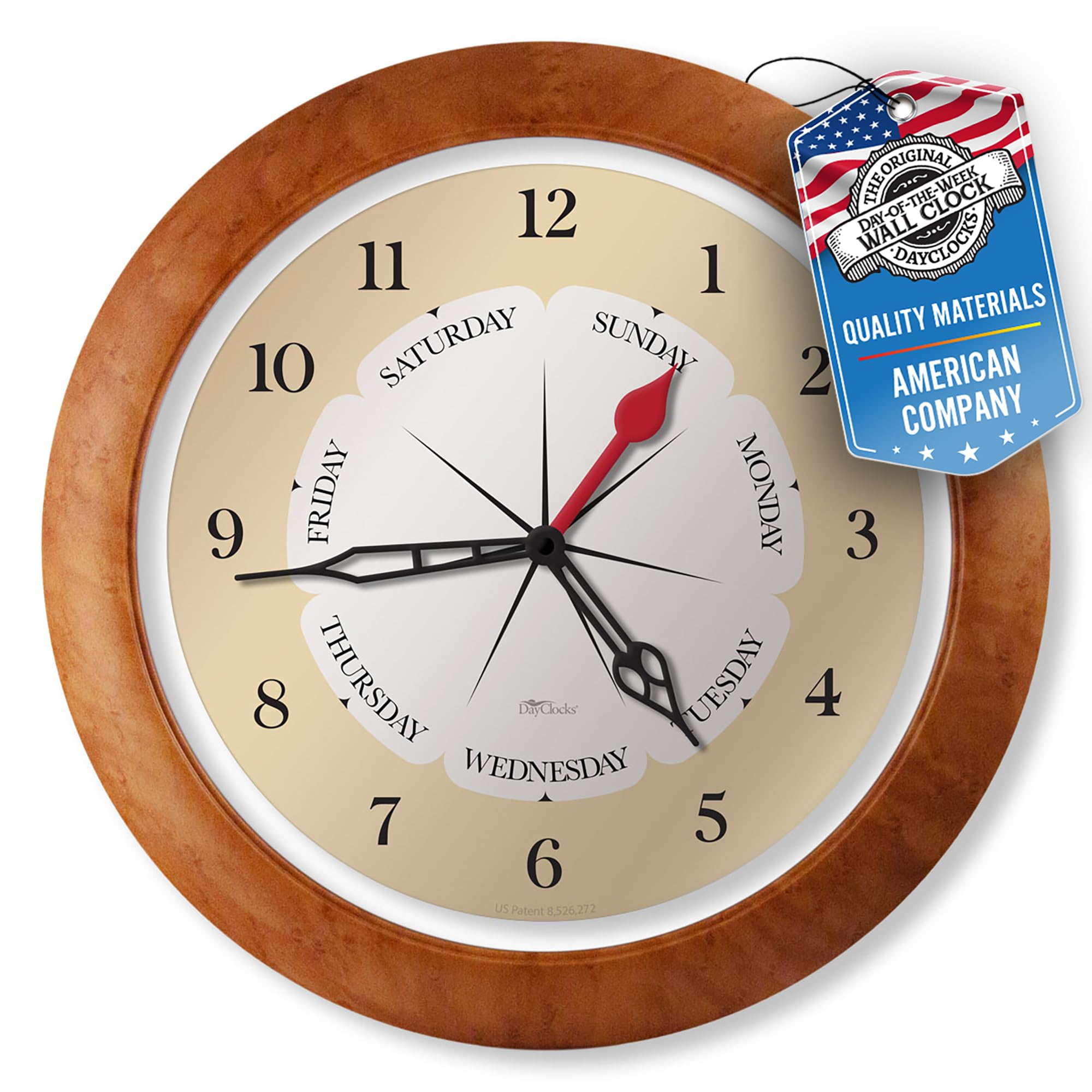 DayClocks Time & Week-Day Wall Clock with Transparent Frame Ring – Weekly Clock with Days, Hours & Minutes - Ideal Retirement Gift for Men & Women, Maple Accent Frame, 13.5" — image 1