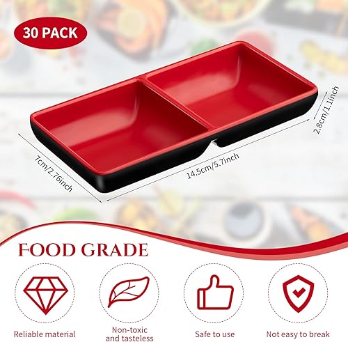 Miniatura 2 de Juego de 30 tazones dobles de melamina para salsa de soja, platos de salsa de sushi negro y rojo de 5.7 x 2.8 pulgadas, cuencos de salsa divididos