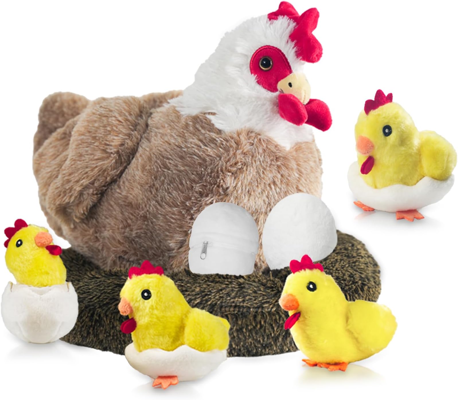 9 in 1 Chicken Stuffed Animal Set, Stuffed Chicken Plush Toy Egg Laying Hen with Zipper and Baby Plush Chickens, Eggs and Coop Chicken Toys for Kids Girls Boys Birthday Easter Stuffers Gifts