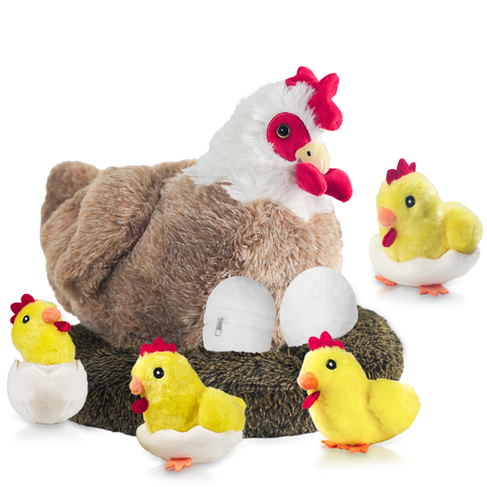9 in 1 Chicken Stuffed Animal Set, Stuffed Chicken Plush Toys for Kids, Egg Laying Hen with Zippered Belly, Baby Chicks Plush Chickens, Eggs and Coop for Girls Boys Birthday Easter