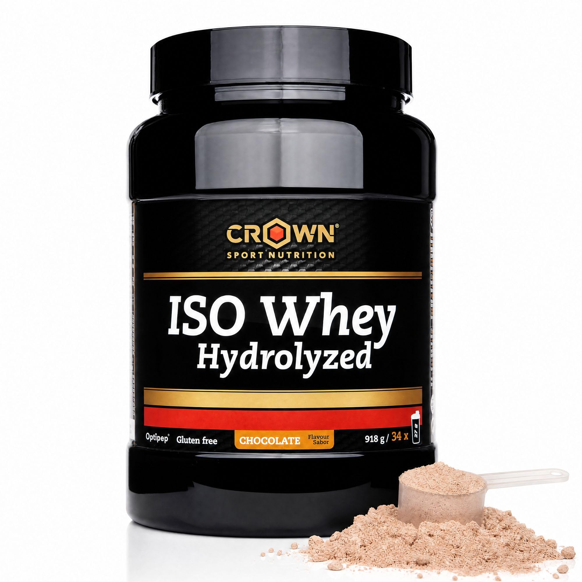 Crown Sport Nutrition ISO Whey Hydrolyzed Chocolate | Proteína Hidrolizada Optipep® 90 | > 87% Proteína Aislada Sin Lactosa | BCAA y Glutamina | 918 g 34 tomas | Informed Sport