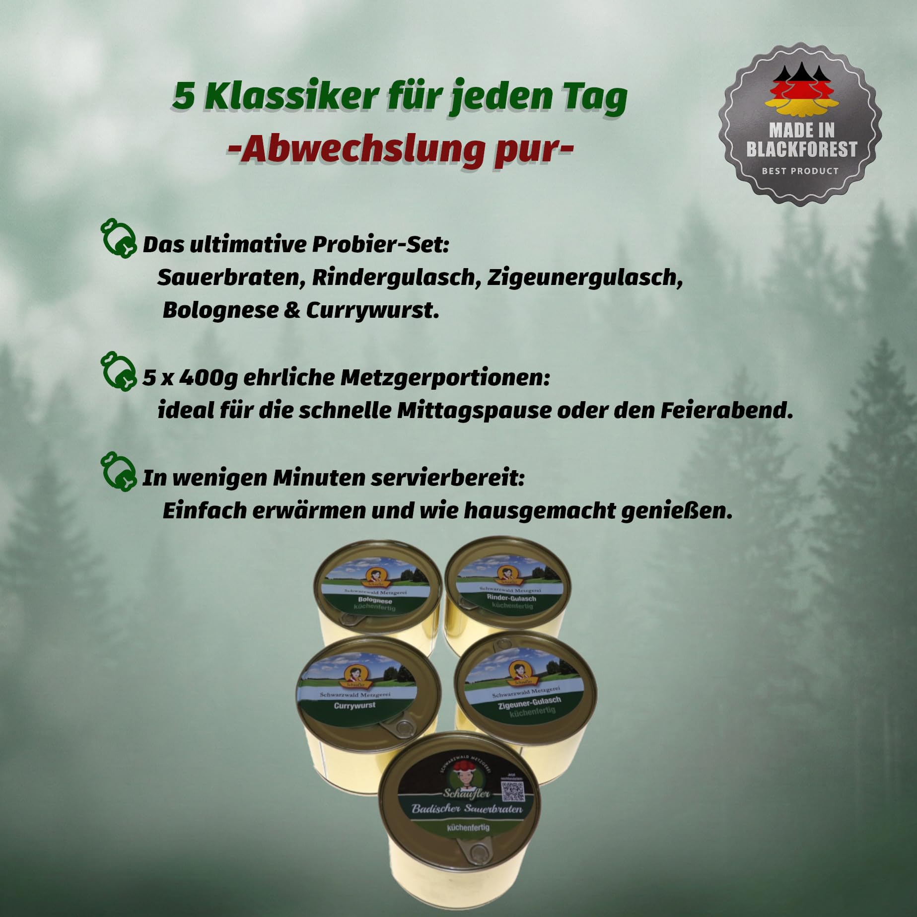 Schwarzwaldmetzgerei - 5er Set Fertiggerichte - küchenfertig, Fertigessen | 5 x 400g Dosen