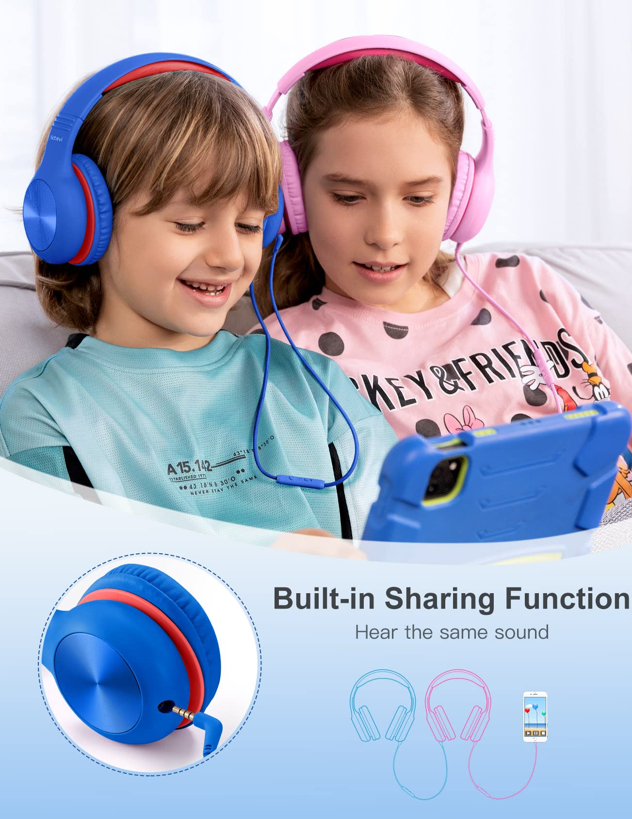 Nabevi Casque Audio Enfant Filaire avec Microphone, 85/94dB Limite de Volume, Sonore HD, Fonction de Partage, Pliable pour iPad/Tablet/PC/Voyage/École, Bleu Cobalt