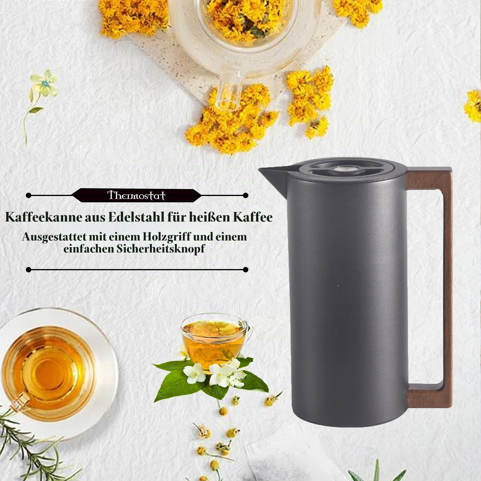 Thermoskanne Kaffeekannen Edelstahl Vakuum Isolations, Mit Holzgriff Und Einfachem Sicherheitsdruckknopf, Für Zuhause, Hotel, Büro (Schwarz,1.5L)