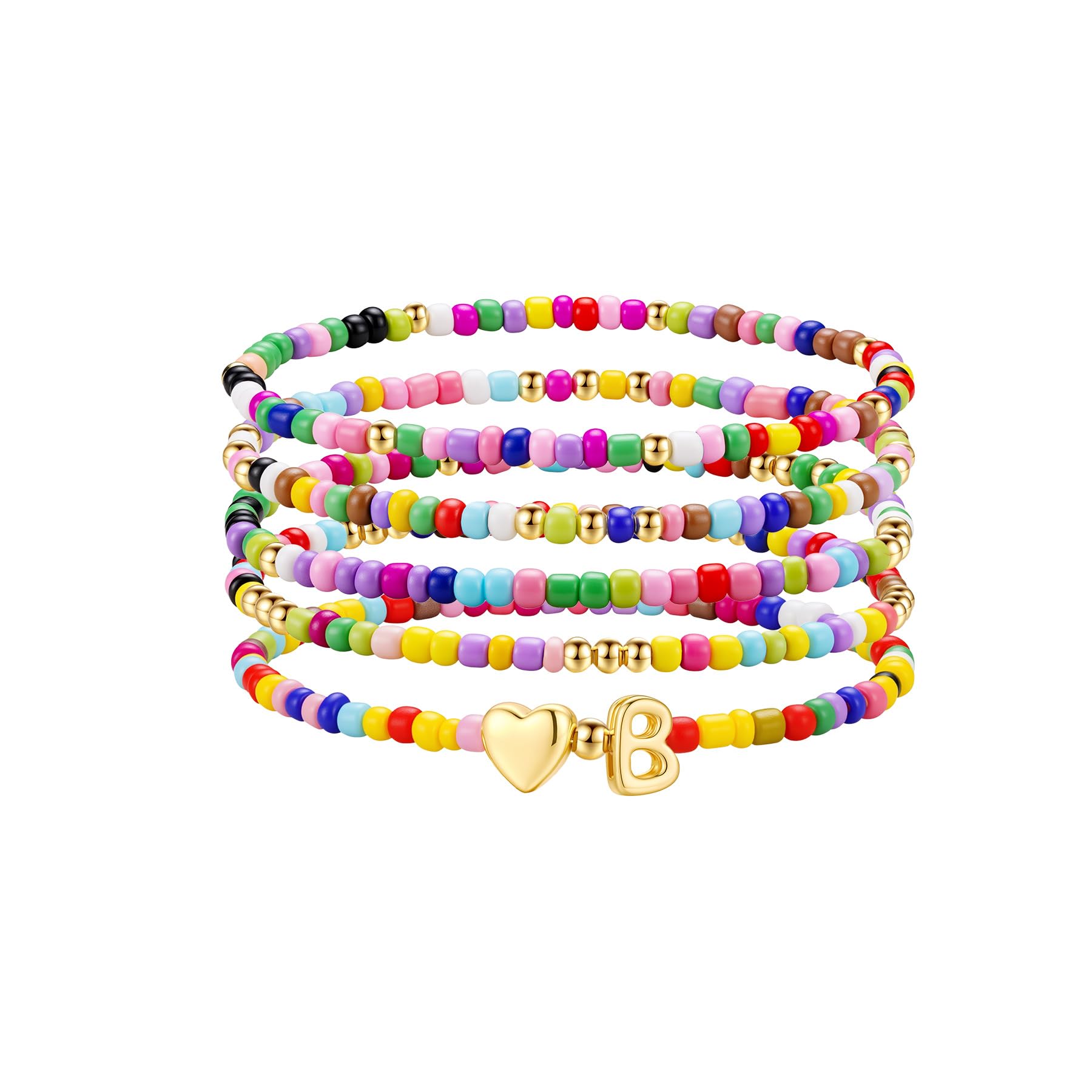 TINGN 5 Stück Bunte Perlen Armband Damen Mädchen Handgefertigt Perlen Armband mit Buchstaben Boho Herz Armbänder Stapelbare Armbänder Set Personalisierte Geschenke für Frauen Teenager Mädchen Schmuck
