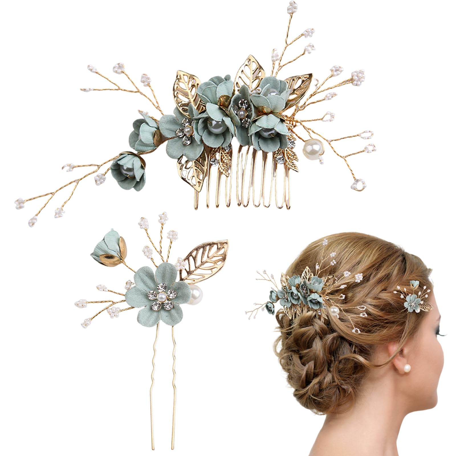 MUNSKT 2 PCS Green Hair Comb Pearl Crystal And Hair Clip Bridal Hair Accessories Flower Fascinator Headpieces Flower Hair Pins For Women Wedding Pearl Hair Pieces Hair Comb for Brides Bridesmaid Girl
