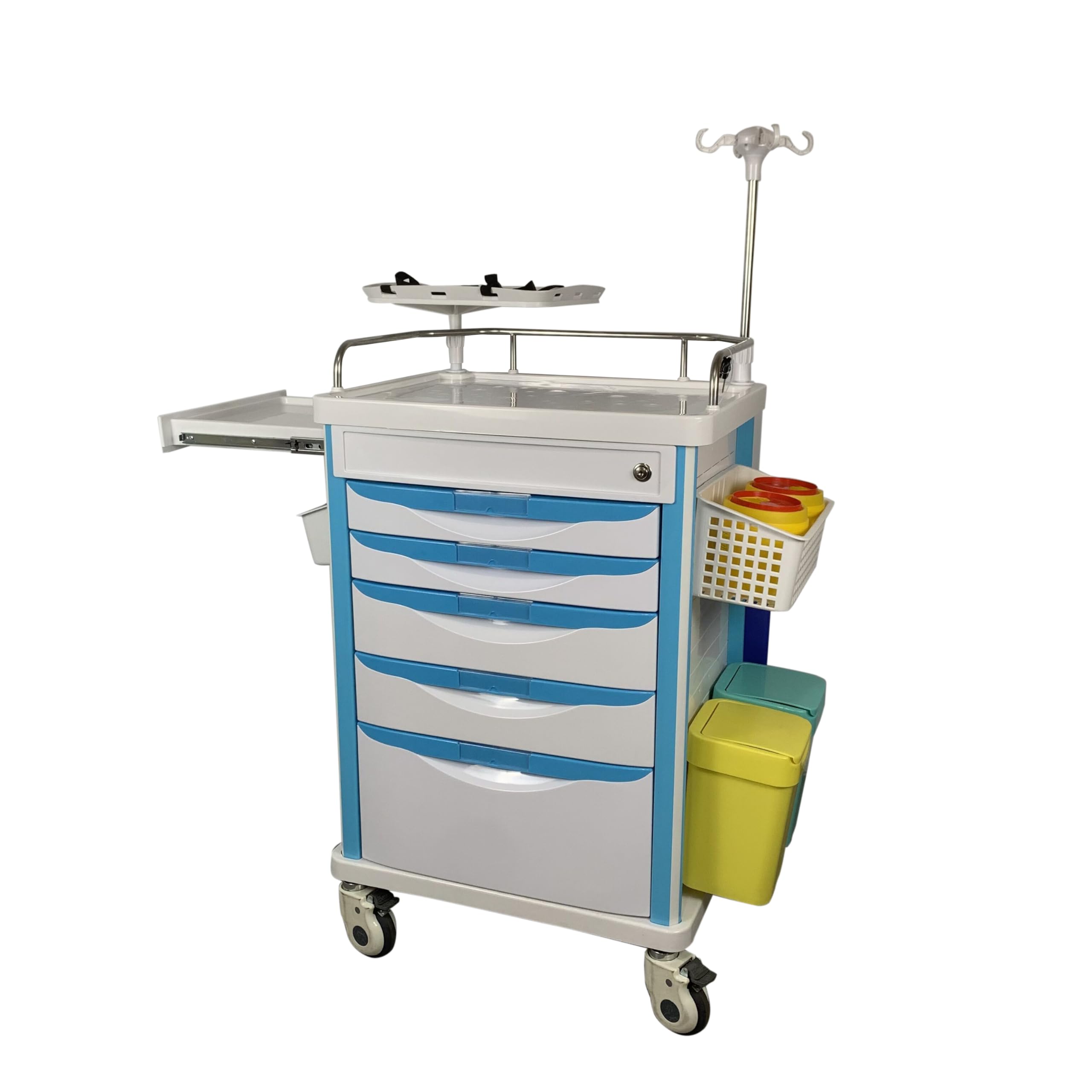Notfall Trolley with 5 Drawers Mobile medizinische Notfall-Trolley Crash Cart Adjustable IV Pole Cardiac Tisch