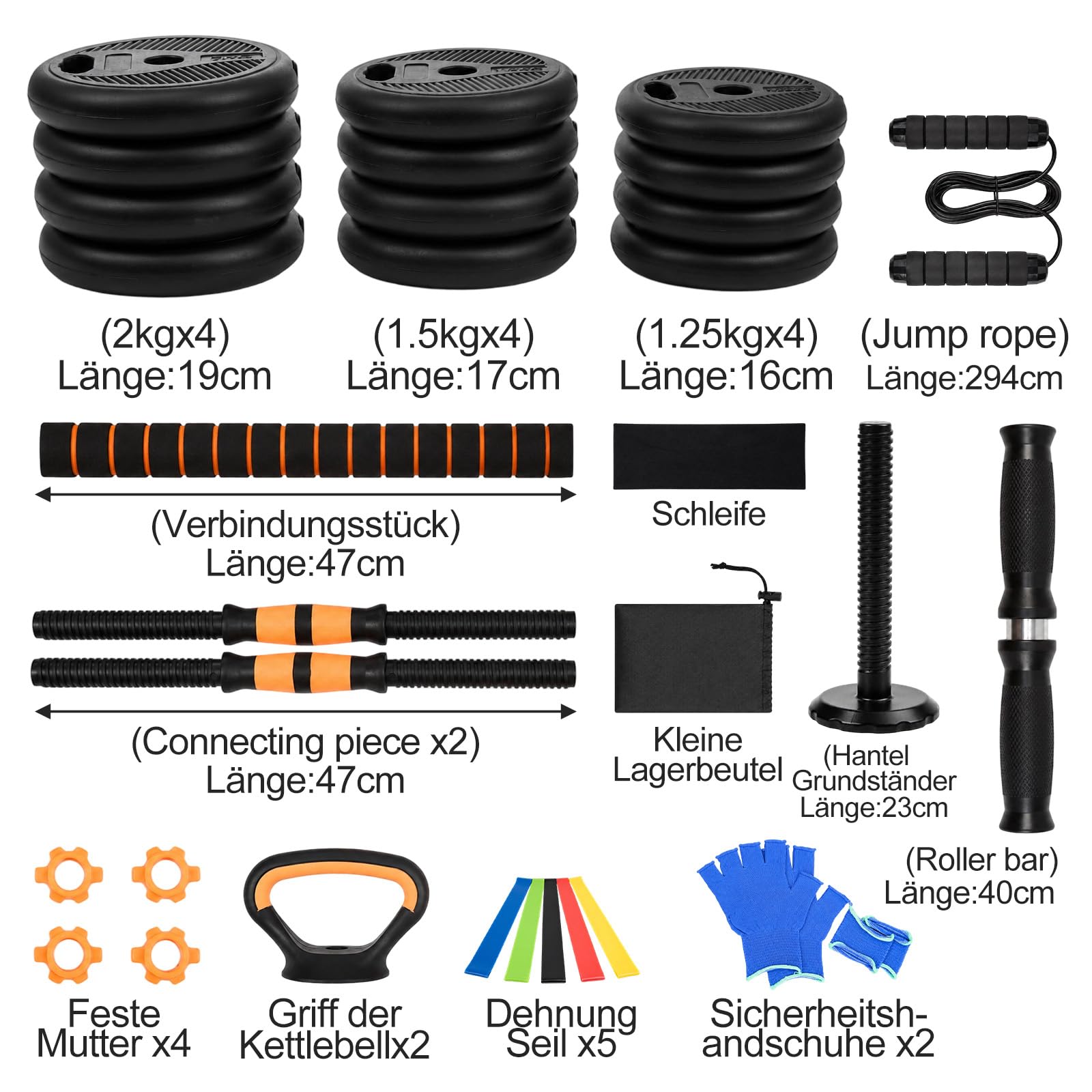 6-in-1 Multifunktions-Hantelset 20KG – Verstellbare Kurzhantel & Langhantel mit Kettlebell, Liegestützgriffen, Springseil & Bauchtrainer, Fitness Set