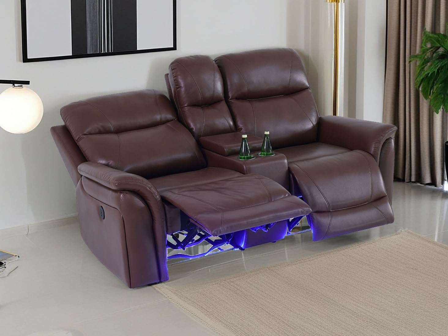 Recliner Couch Set 3PCS Breathing Leather Living Room Sofa Set Reclining Sofa Set with Storage Console/LED Blue Light for Apartment/Home/Office (Reddish Brown, 3PCS Set)