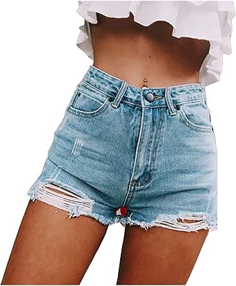 Women's Mid Waisted Ripped Stretchy Jeans Shorts Frayed Raw Hem Casual Plus Size Denim Shorts Summer Hot Short Jean