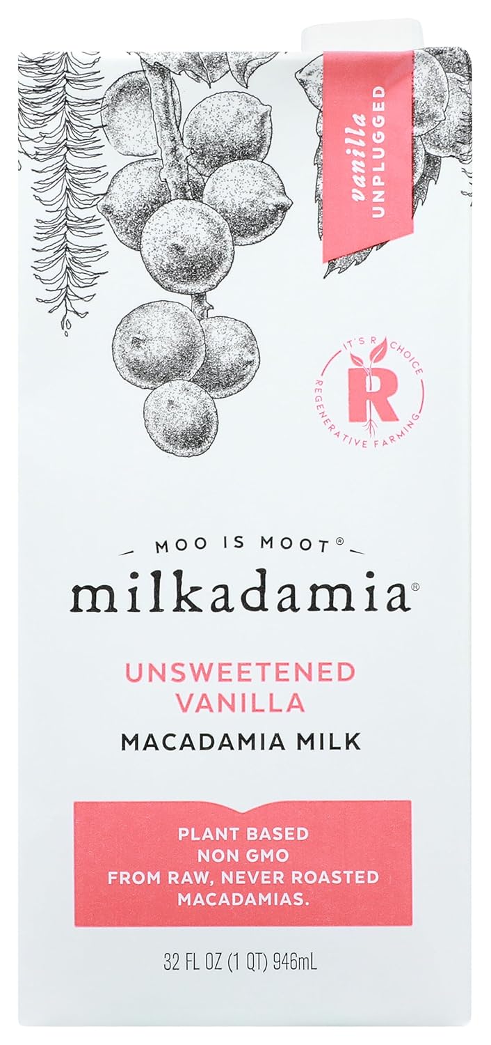 Milkadamia Unsweetened Vanilla Macadamia Milk, 32oz - Vegan, Gluten-Free, Non-GMO Plant-Based Milk from Raw Nuts