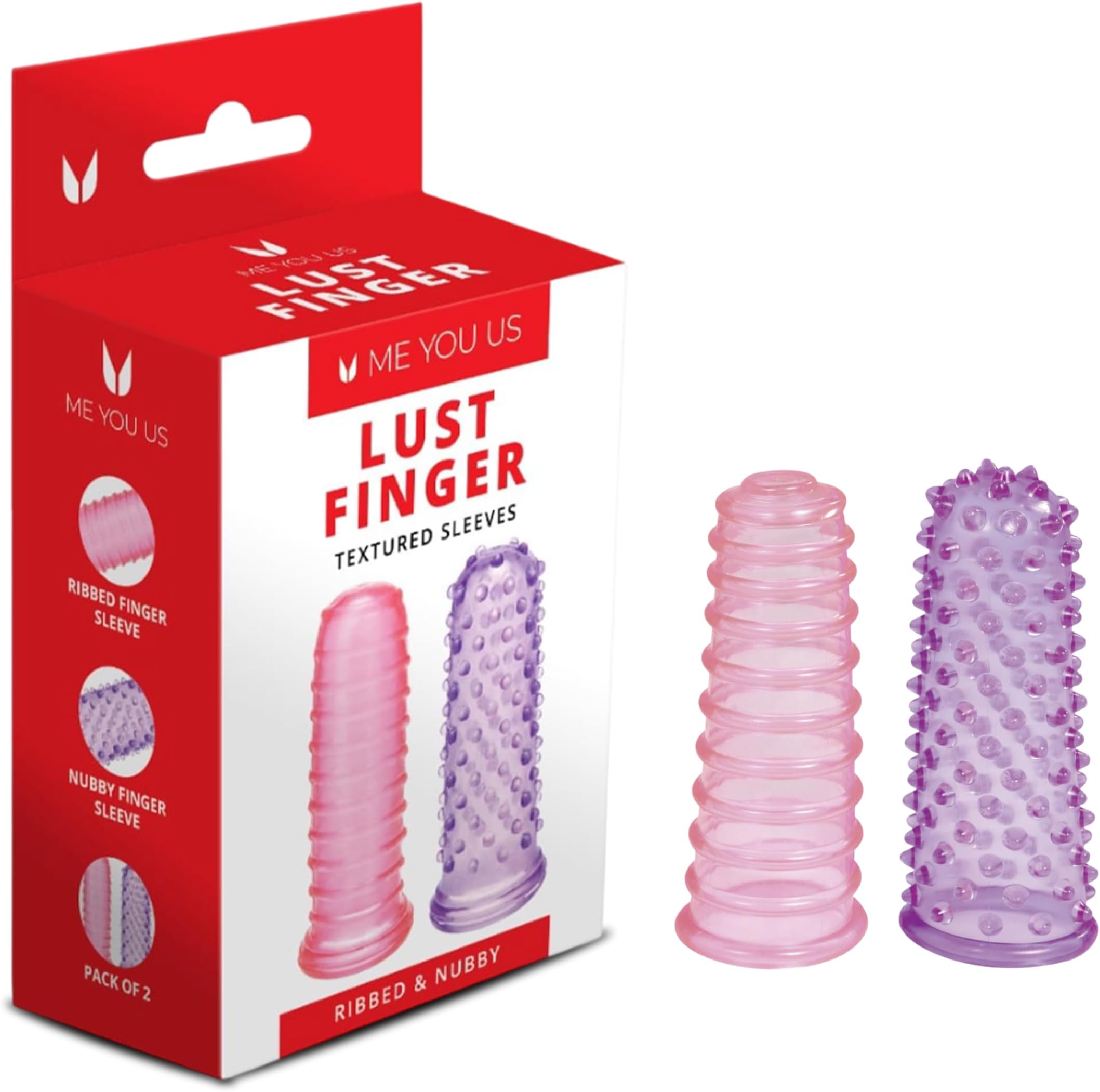Me You Us Lust Finger Coverings – 2 Pack Ribbed & Nubbed Textured Sleeves – Waterproof Phthalate-Free Latex-Free Finger or Vibrator Coverings for Extra Sensation – 8cm