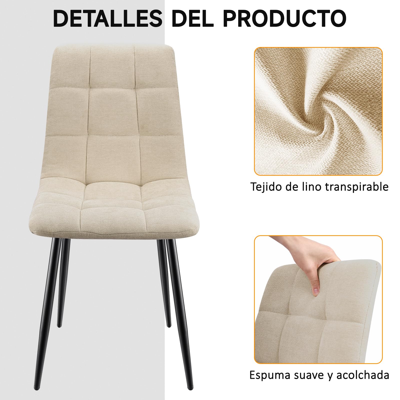Pack de 4 Sillas de Comedor, Sillas Cocina con Tela de Lino Y Patas De Metal Negro,Sillas Tapizadas,Silla de Dormitorio,Silla de SalóN,Sillas Comedor Modernas-Khaki