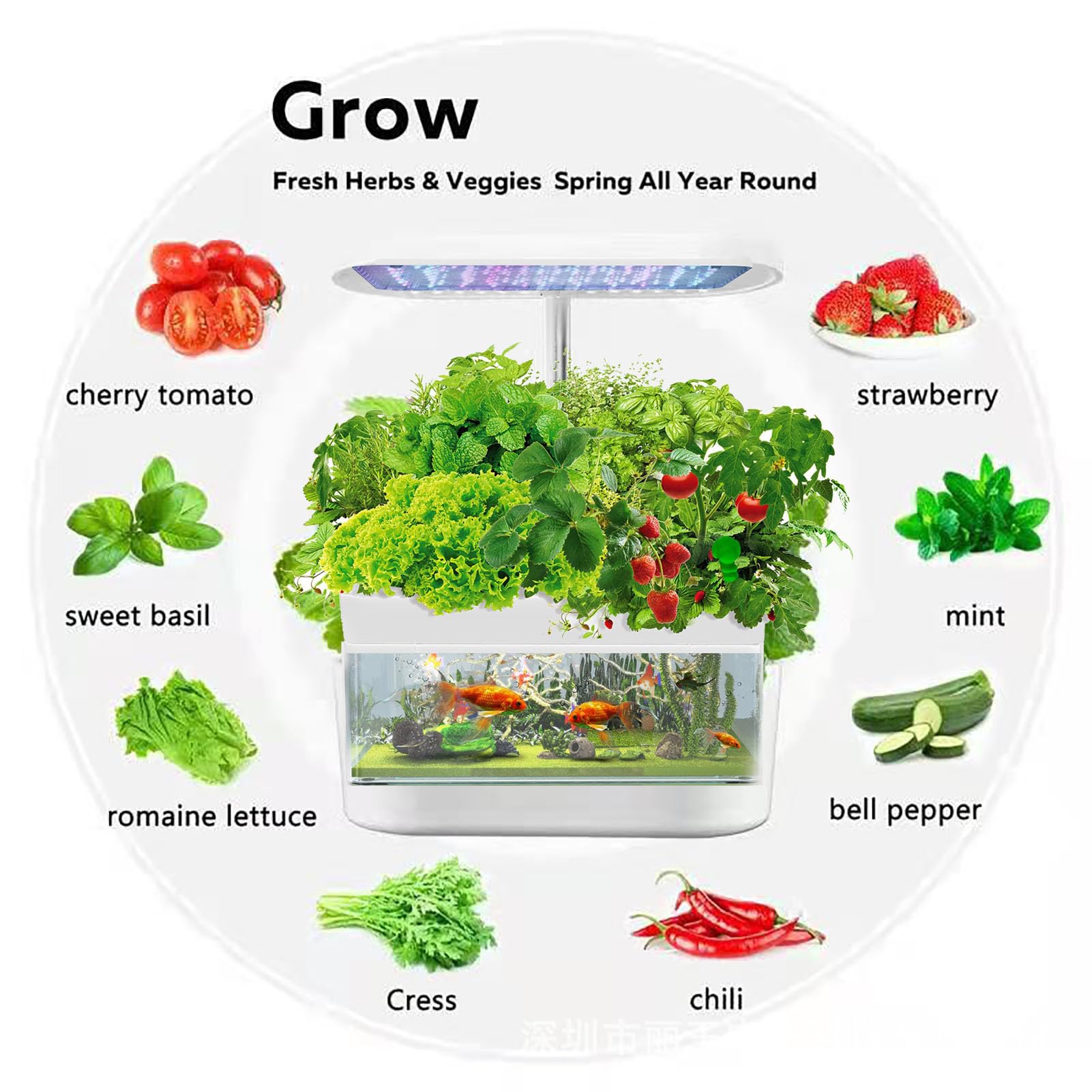 Sistema di Coltivazione idroponica, 12 baccelli per Giardino di Erbe aromatiche al Coperto con Luce di Coltivazione a LED, con Acquario acquaponico, per Cucina Domestica