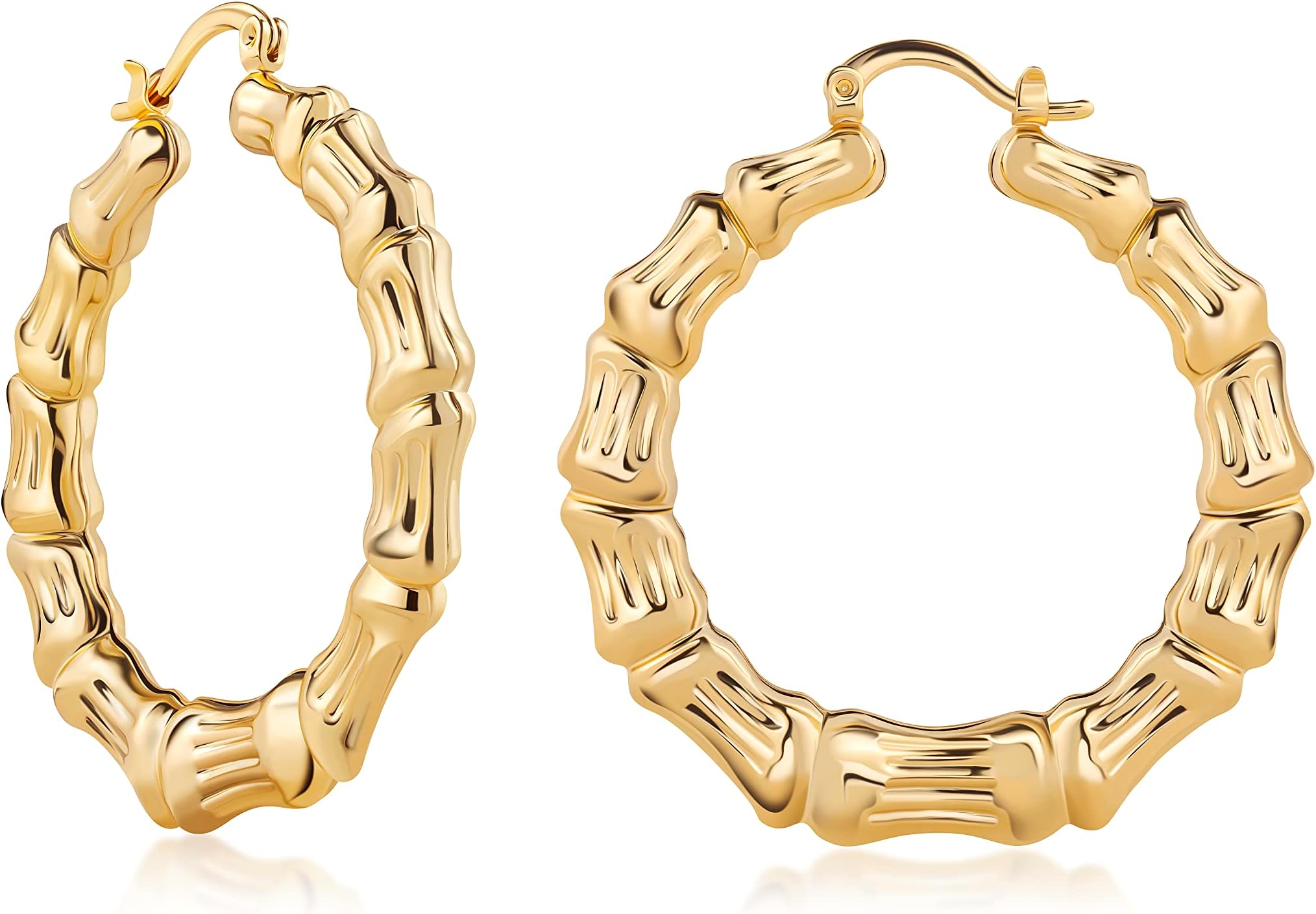 18k Gold Plated Bamboo Hoop Earrings for Women, 40MM X 40MM - Made In Brazil