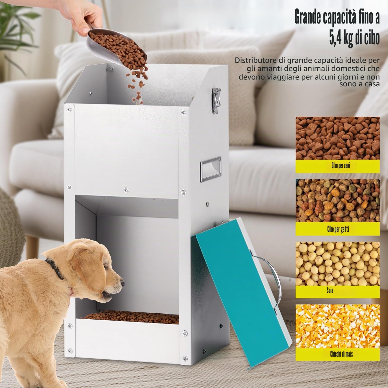 Distributore Automatico Cibo Cani 12lbs Mangiatoia Automatica Per Gatti Dispenser Cibo Cani 22.2 x 20 x 48.5CM
