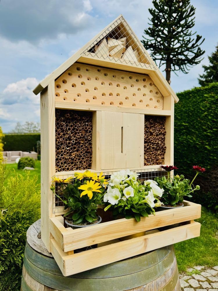 handgefertigtes Insektenhotel XL Wildbienen Nisthilfe I Insektenhaus mit Blumenkasten aus Holz und Standfuß 97 x 51 x 18 cm (HxBxT) I Wetterfest I Bienenhaus I Produziert in der EU