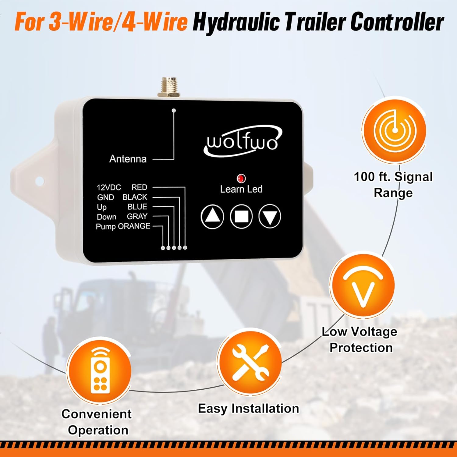 wolfwo Dump Trailer Wireless Remote Controller, for 3-Wire/4-Wire 12V Hydraulic Dump Trailer. 100 Ft. Signal Distance, Safe and Efficient, Easy Installation, with 2 Wireless Remote Controls