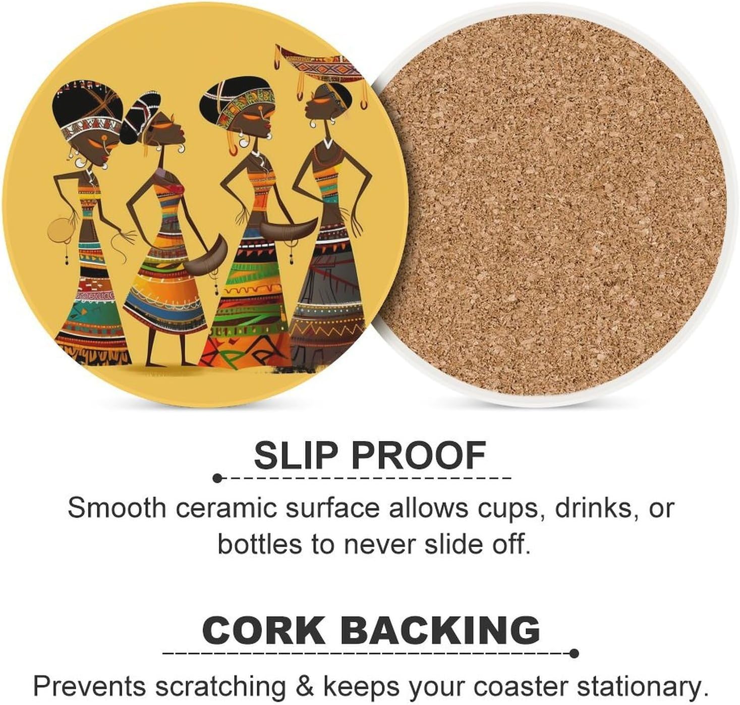 6PCS Creative African Culture Coasters Non-Slip Round Drink Coasters with Ceramic Stone and Cork Base, Heat Resistant Absorbent 33.00Stone Coaster Set for Kinds of Mugs and Cups, 4 Inch