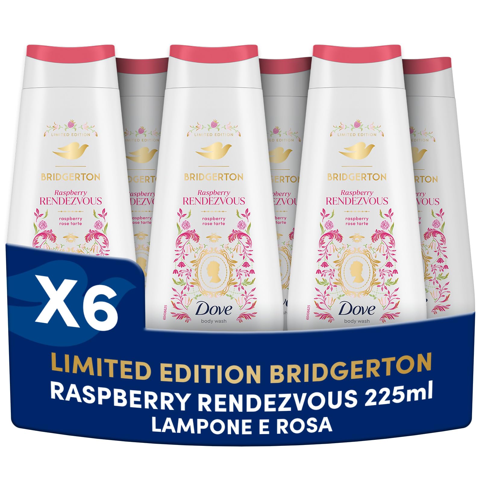 Dove Docciaschiuma Bridgerton Raspberry Rendezvous, Limited Edition, con Pro-Ceramide Technology e Agenti a Base Vegetale, Note di Lampone e Vaniglia, Senza Solfati e Senza Parabeni, 6 Pezzi da 225ml