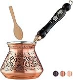 BCS 12 Oz Copper Turkish Greek Arabic Coffee Pot with Wooden Handle (4 servings) Cezve Ibrik Briki Stovetop Coffee Maker (Includes Wooden Spoon)
