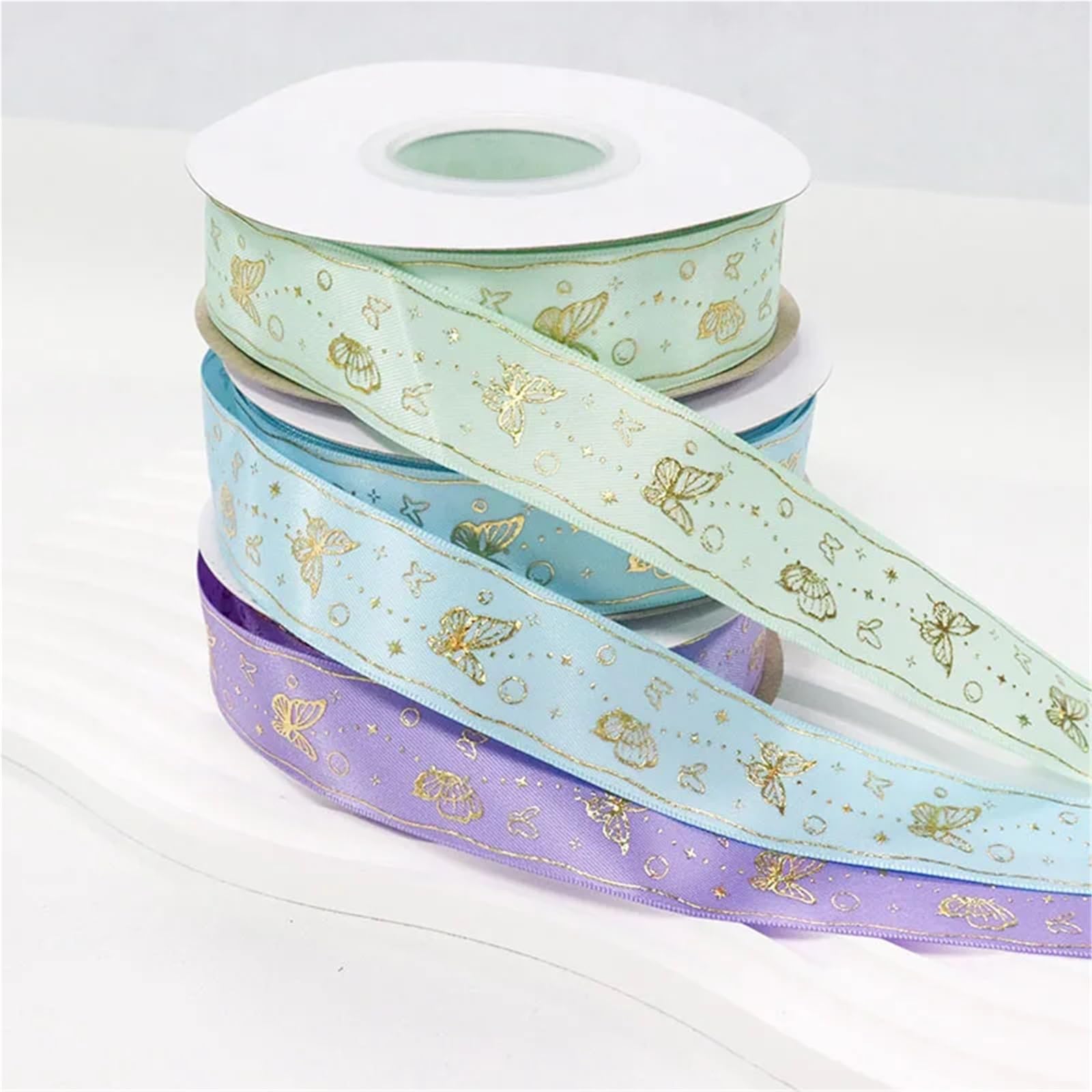 Nastro Con Stampa A Caldo Nastro in raso di poliestere con stampa a farfalla in lamina d'argento oro laser da 1 '' 25 mm for il confezionamento fiori nuziali(Color-11,50Yards)