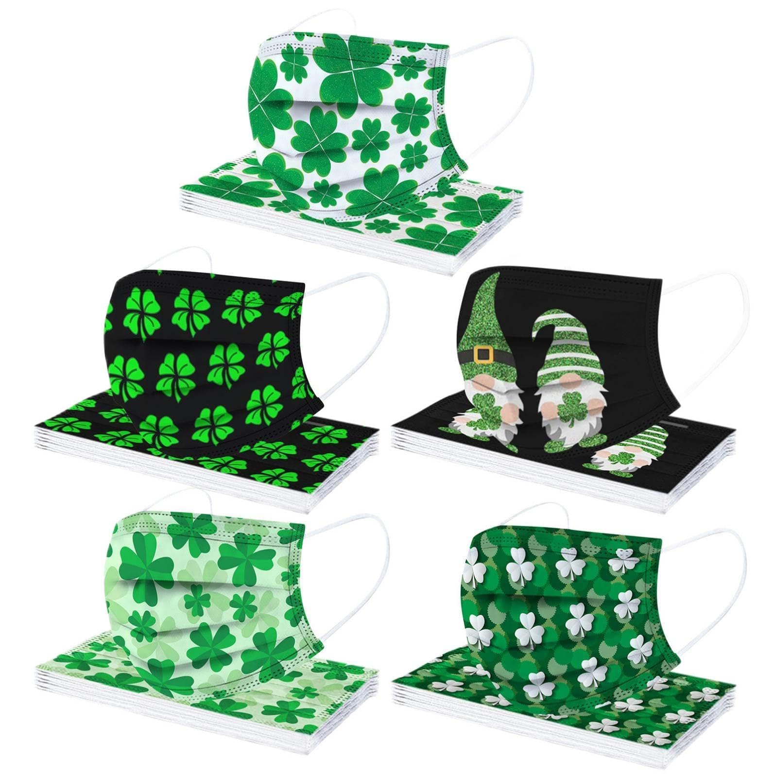 CHENSEN50Pcs St Patricks Day Face Mask Disposable for Adults Women 3Ply Earloop Cute Shamrock Gnome Designs Face Mask B