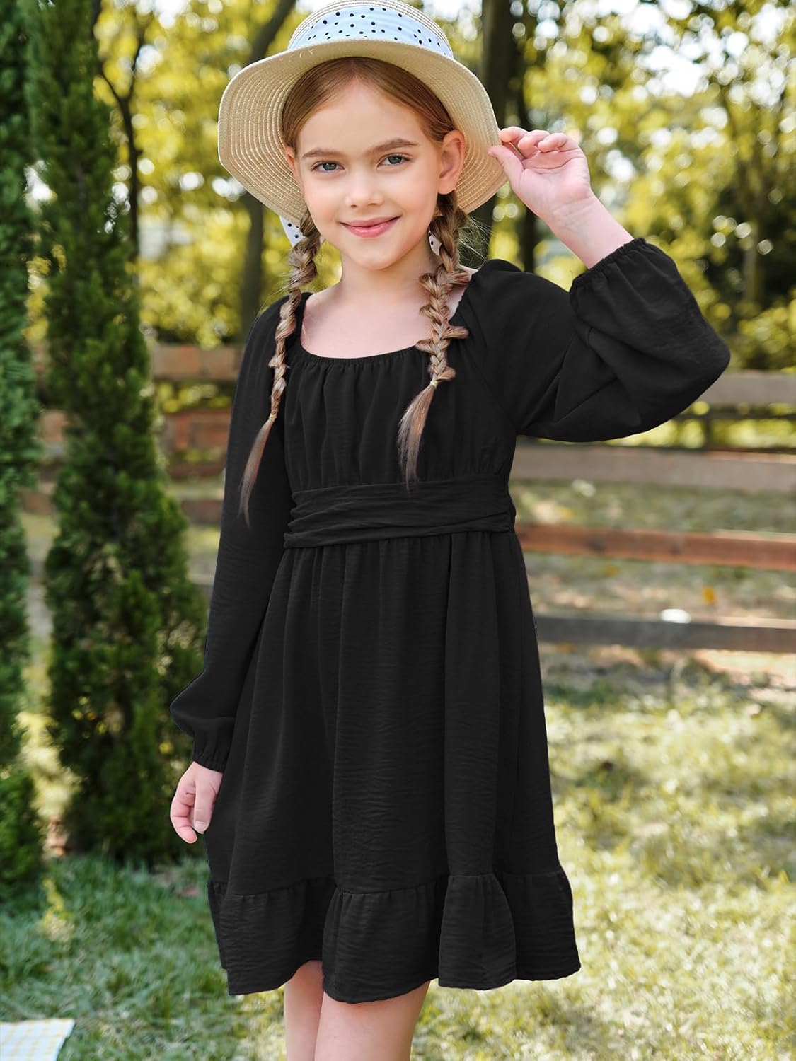Batermoon Girls Long Sleeve Tie Back Dress Kids Fall Square Neck A-Line Mini Dresses 5-14 Years - Image 4