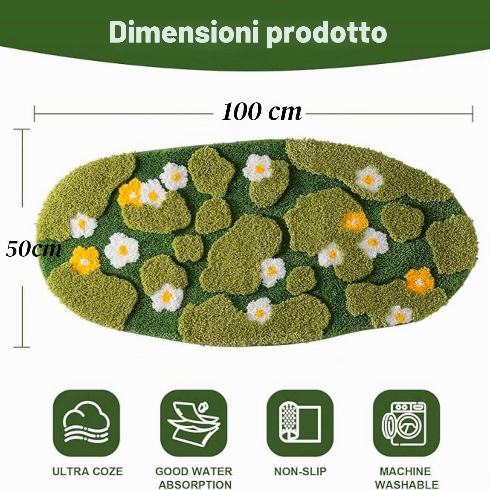 Tappeto da Bagno Antiscivolo Morbido e Ispido Lavabile Tappeto Verde con Supporto in TPR Assorbente per Bagno WC Cucina Camera da Letto Soggiorno Lato Letto,Zerbino Ingresso Interno,50x100CM