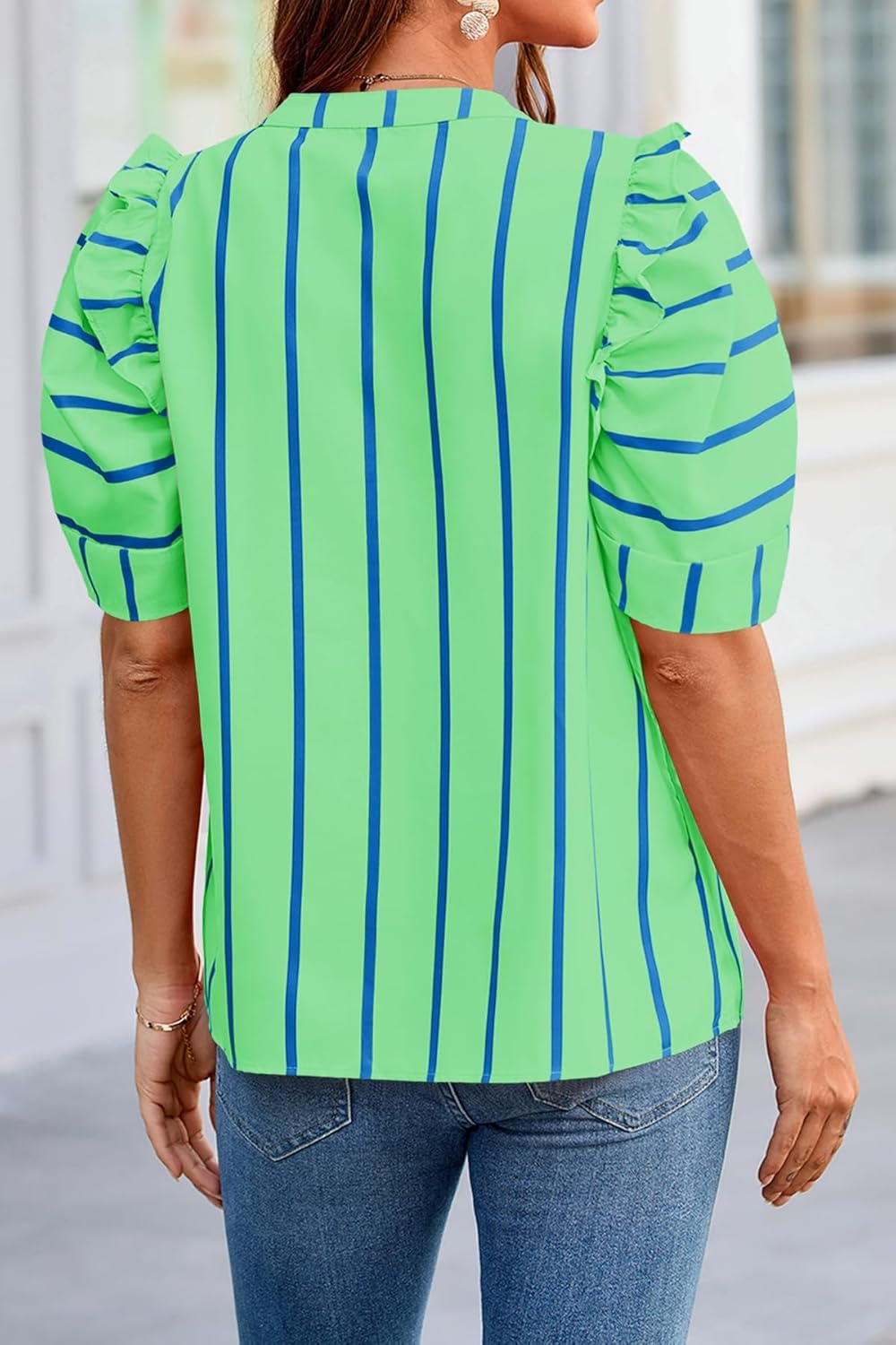 Tankaneo Womens Puff Sleeve Striped Blouses Dressy Casual V Neck Shirts Summer Trendy Loose Fit Tunic Tops - Image 5