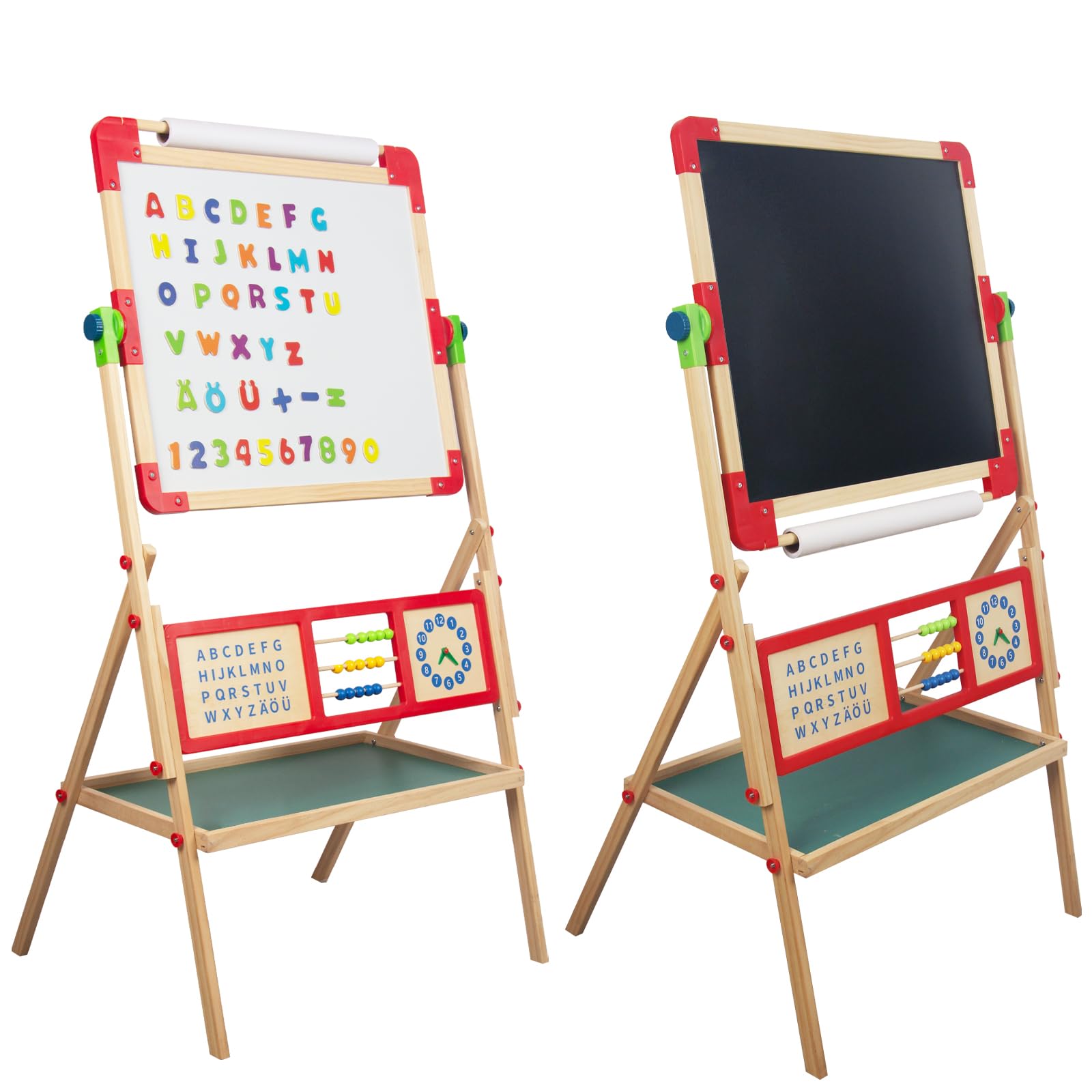 WoodenFun Kinder Kunst Staffelei Verstellbar mit Magnet, Doppelseitige Tafel mit löschbarer Magnettafel Hölzerne Tafel Holz für Kinder Standtafel 10-teiliges Set (Rot)