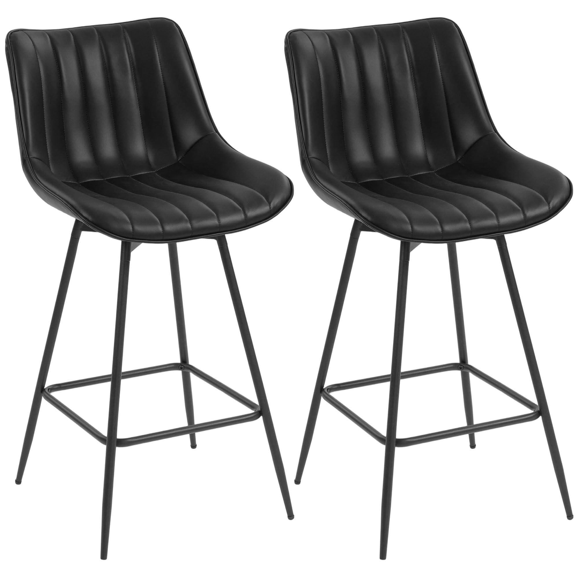HOMCOM Juego de 2 Taburetes de Bar Giratorios, Taburetes Altos de Cocina con Respaldo Curvado y Reposapiés, Tapizado en PU, Marco de Acero, Sillas Altas de Cocina para Comedor, Salón, Negro