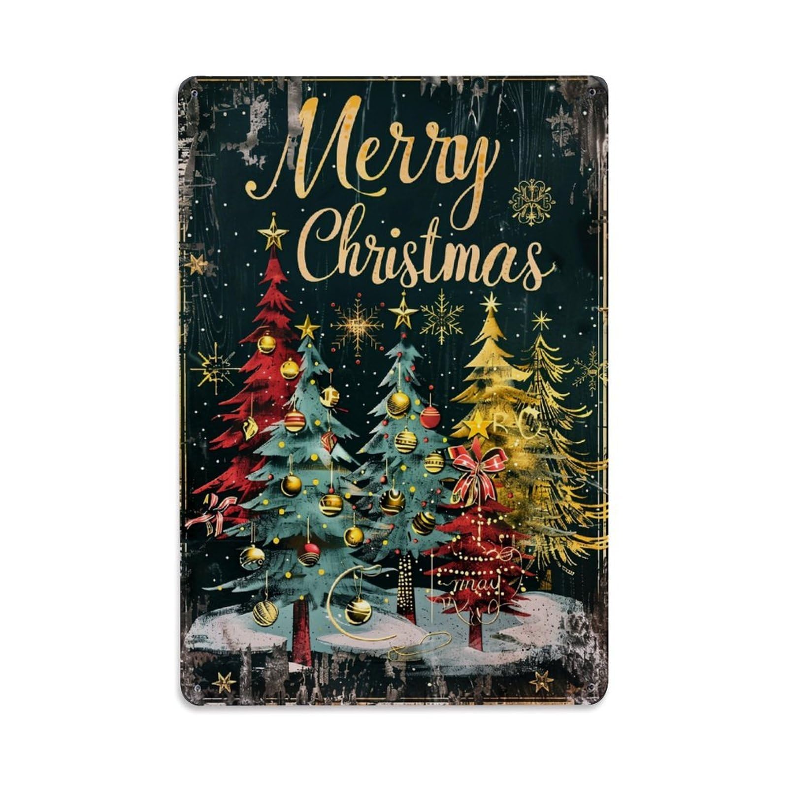 Merry Christmas Trees Snowflakes Ornaments Retro Metal Tin Sign, Vintage Decor Art Poster for Bar, Home, Man Cave, Kitchen, Laundry Room Gift 8x12Inch