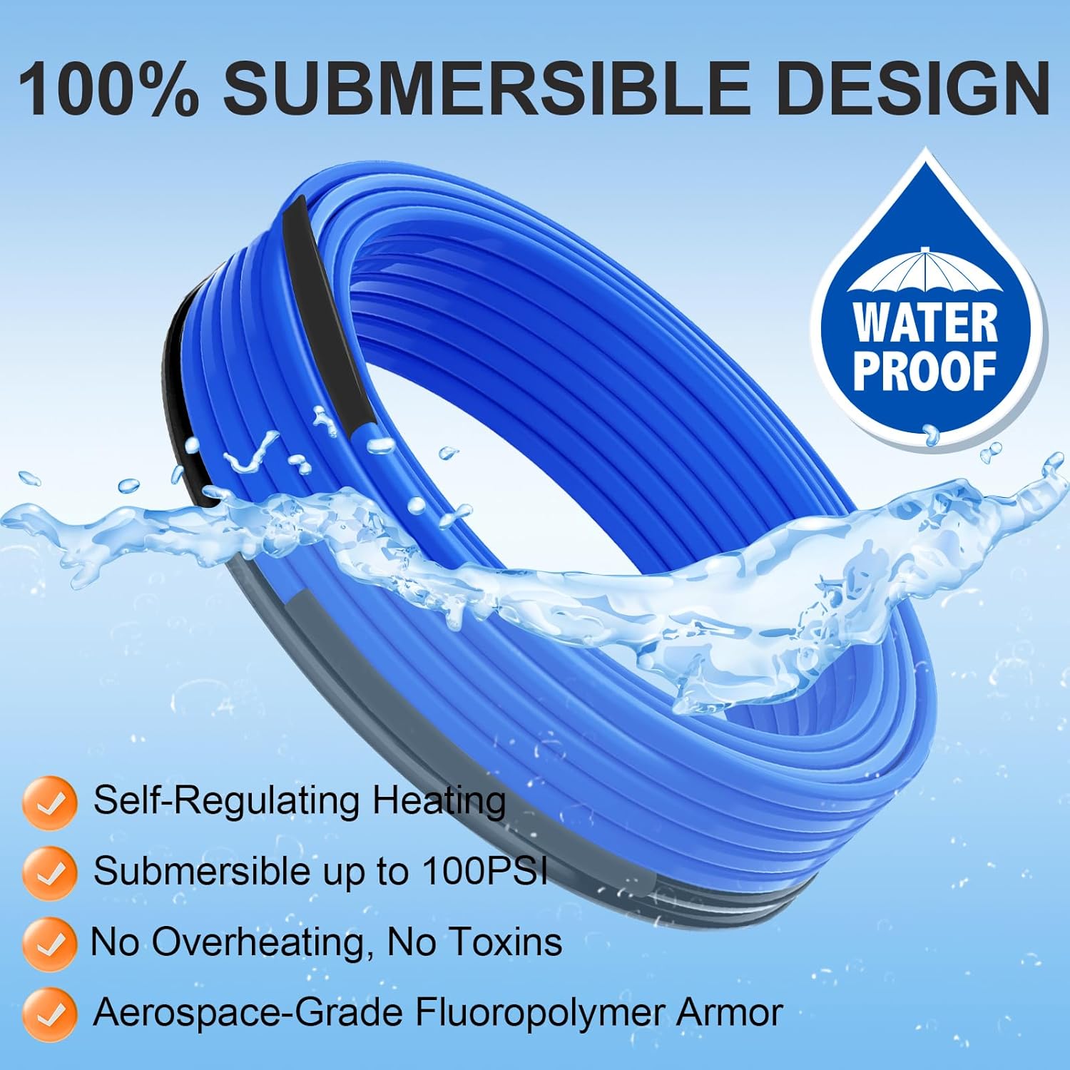 MAXKOSKO 20 Ft. Sewage Pipe Heating Cable, for Various Sewer, Sump, Buried Pipes and Wastewater Systems, Fluoropolymer Corrosion-Proof