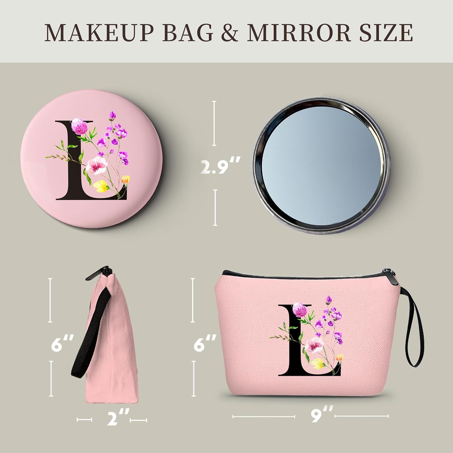 A-Z Teacher Appreciation Gifts, Pink Initial Cosmetic Bag with Mirror, L image 2