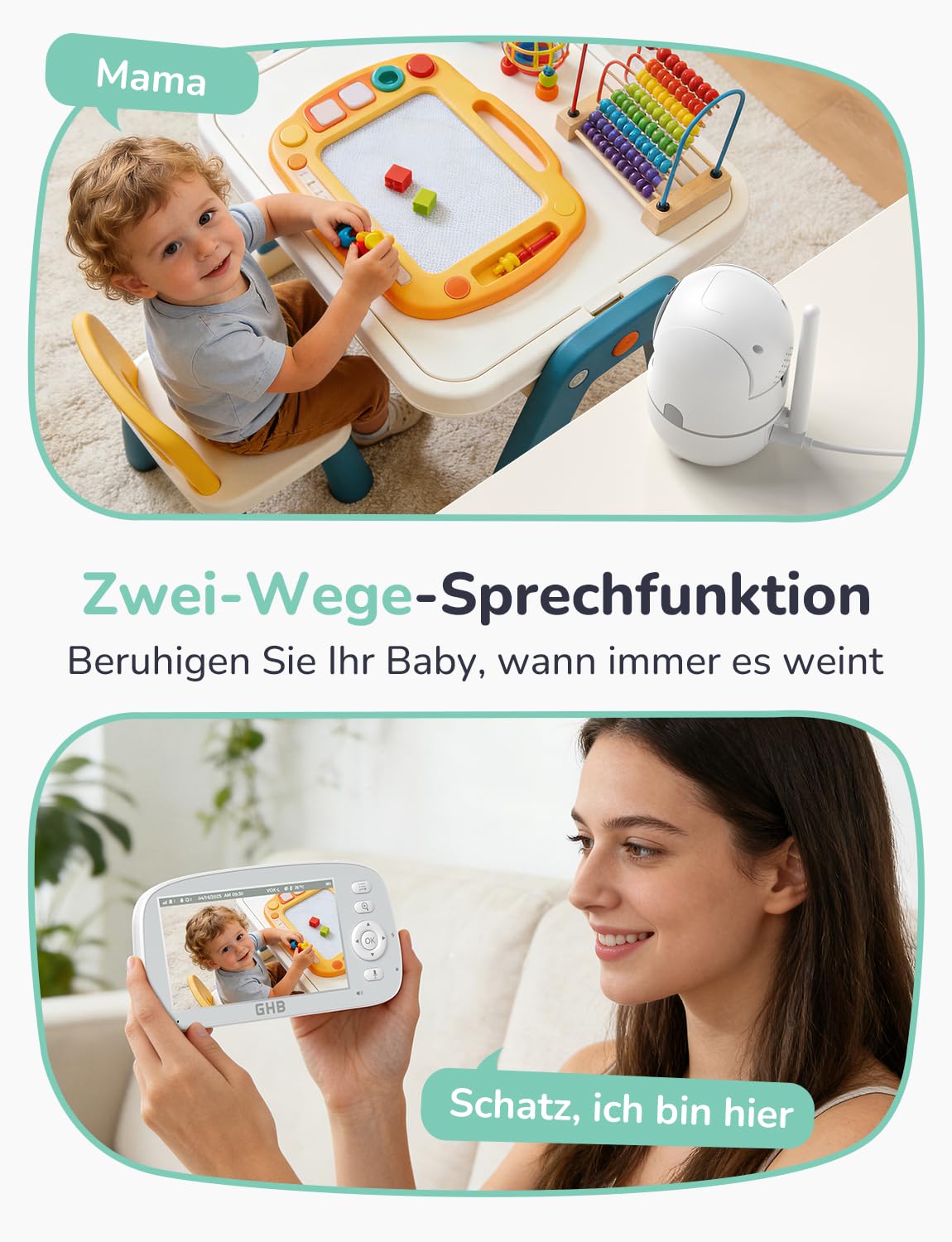 GHB Babyphone mit Kamera 5 Zoll 720P HD Kamera IPS Display mit 5000mAh Akku 4X Zoom 2-Bildschirm-Split Pan/Tilt 350°/110° Nachtsicht Wiegenlied