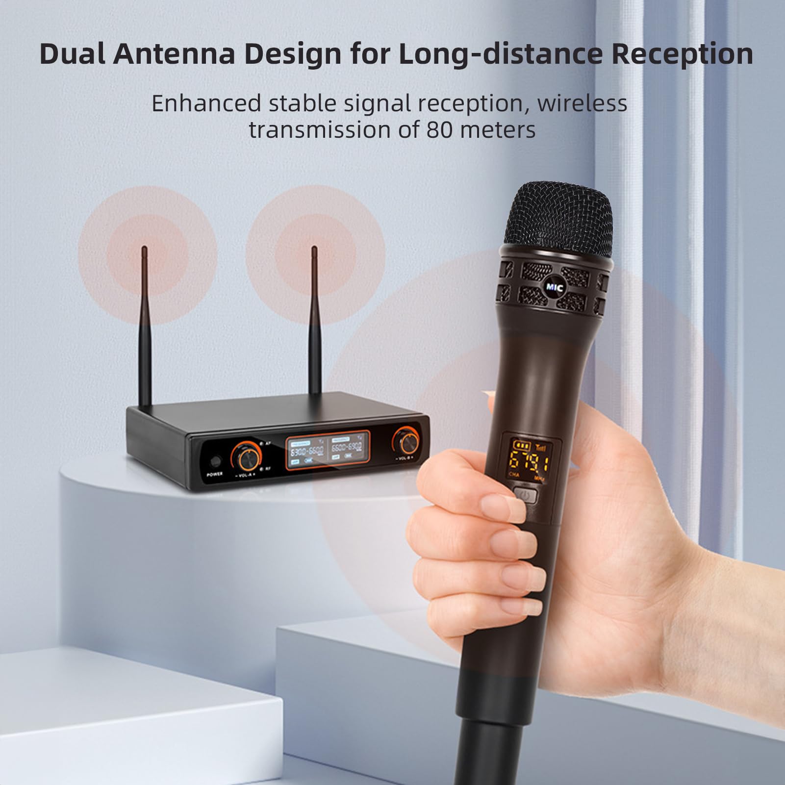Jemora microfonico portatile wireless UHF professionale a 16 canali 2 microfoni 1 ricevitore Cavo audio da 6,35 mm Display LCD Microfono e ricevitore cardioide 16 canali per Karaoke Feste in