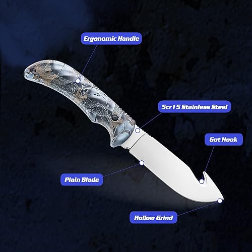 Miniatura 3 de KNINE OUTDOORS Juego combinado de cuchillo de caza y sierra de 4 piezas, desollador de gancho de tripa, cuchillo de capa de hoja fija, funda de