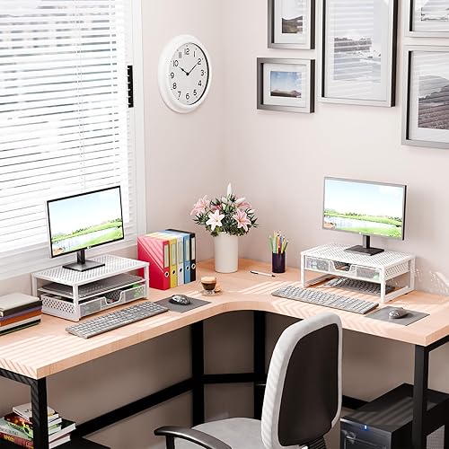 Miniatura 3 de Simple Trending Soporte elevador de monitor de metal y organizador de escritorio para computadora con cajón para laptop, computadora, iMac, blanco