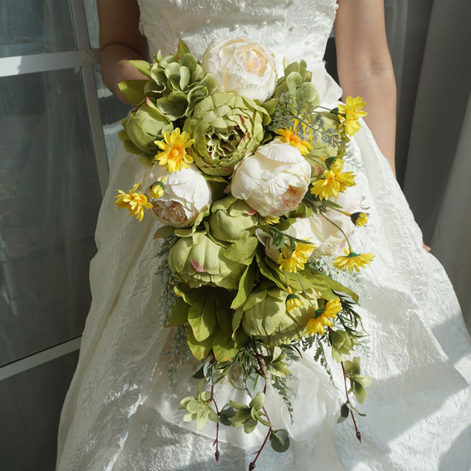 Fouriding Wedding Bouquets for Bride,Water Drop Waterfall Bridal Artificial Flowers Bouquet for Ceremony Anniversary Bridal Shower Party Wedding Decoration Bouquets (Green)