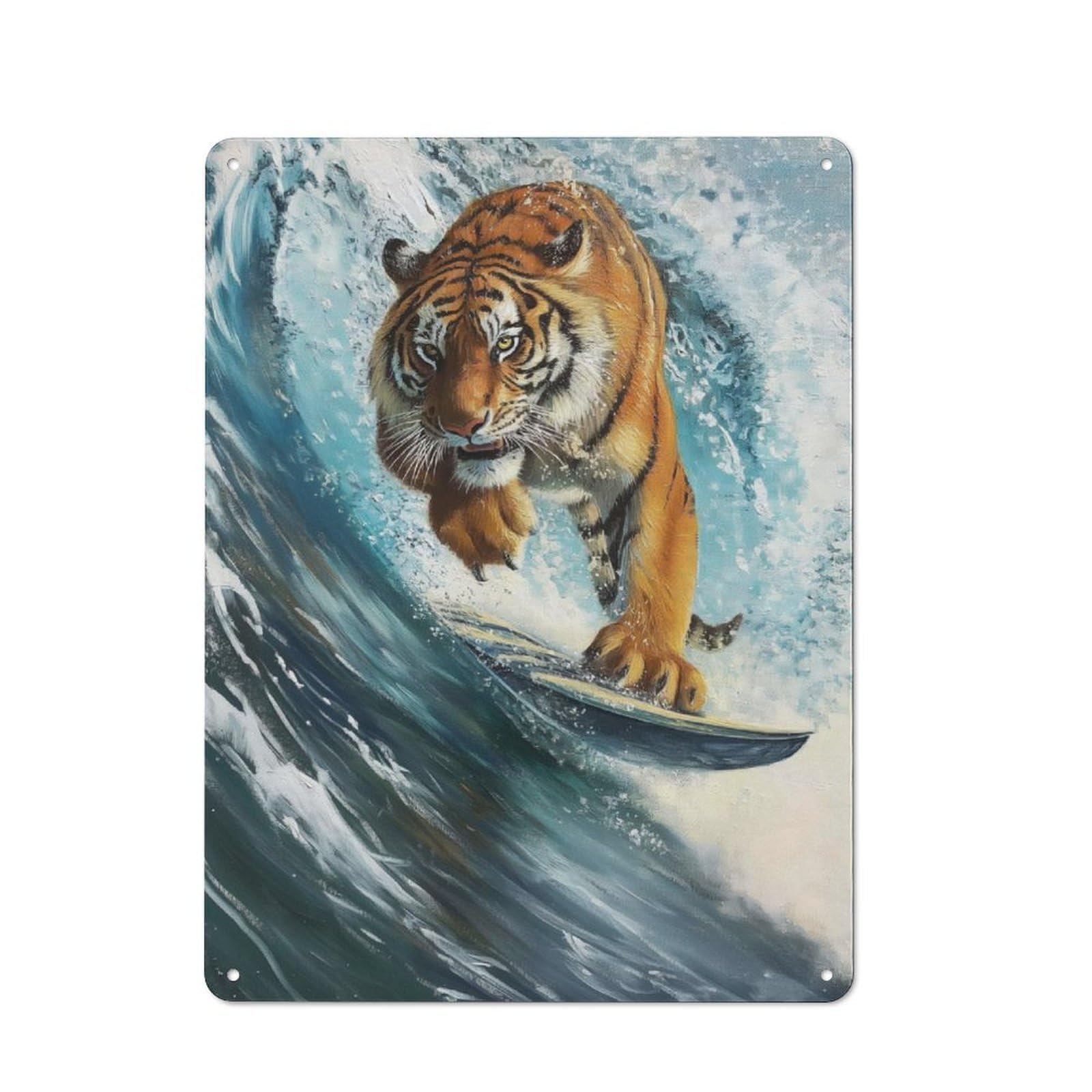 Shed Style Decorative Metal Plaque 40x30cm Featuring Surfing Tiger Surfer Wave, Porch Wall Decor for Patio Bar, Workshop, Shed Or Kitchen