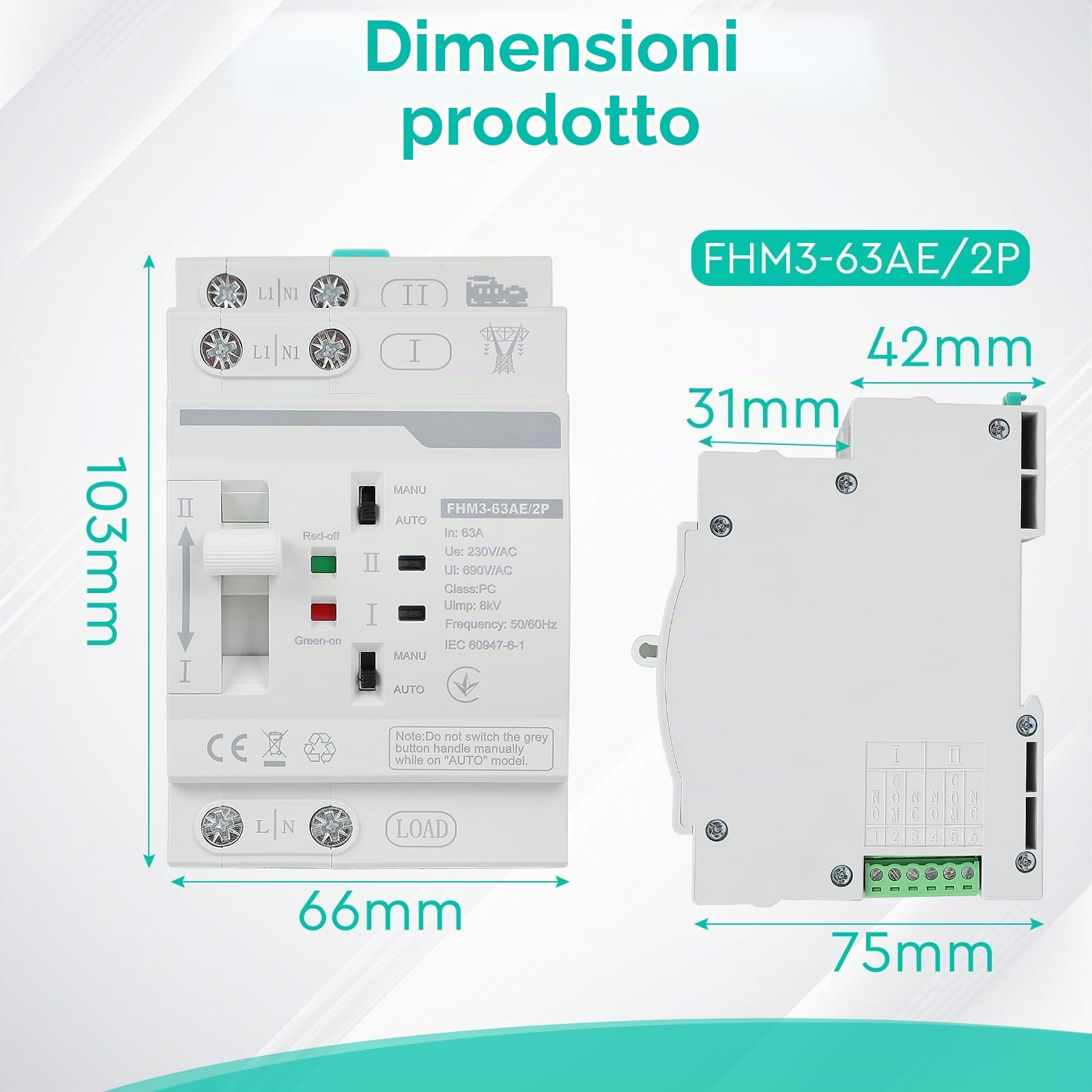 CPROSP Interruttore di Trasferimento Automatico 2 Poli DIN 220V 63A, Commutatore di Rete Automatico Fotovoltaico, Scaricatore di Sovratensione, ATS Fotovoltaico, per Impianti Domestici e Industriali