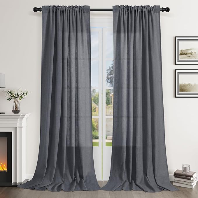 Amazon.com: Guken Dark Grey Linen Curtains 96 Inch Length for Living ...