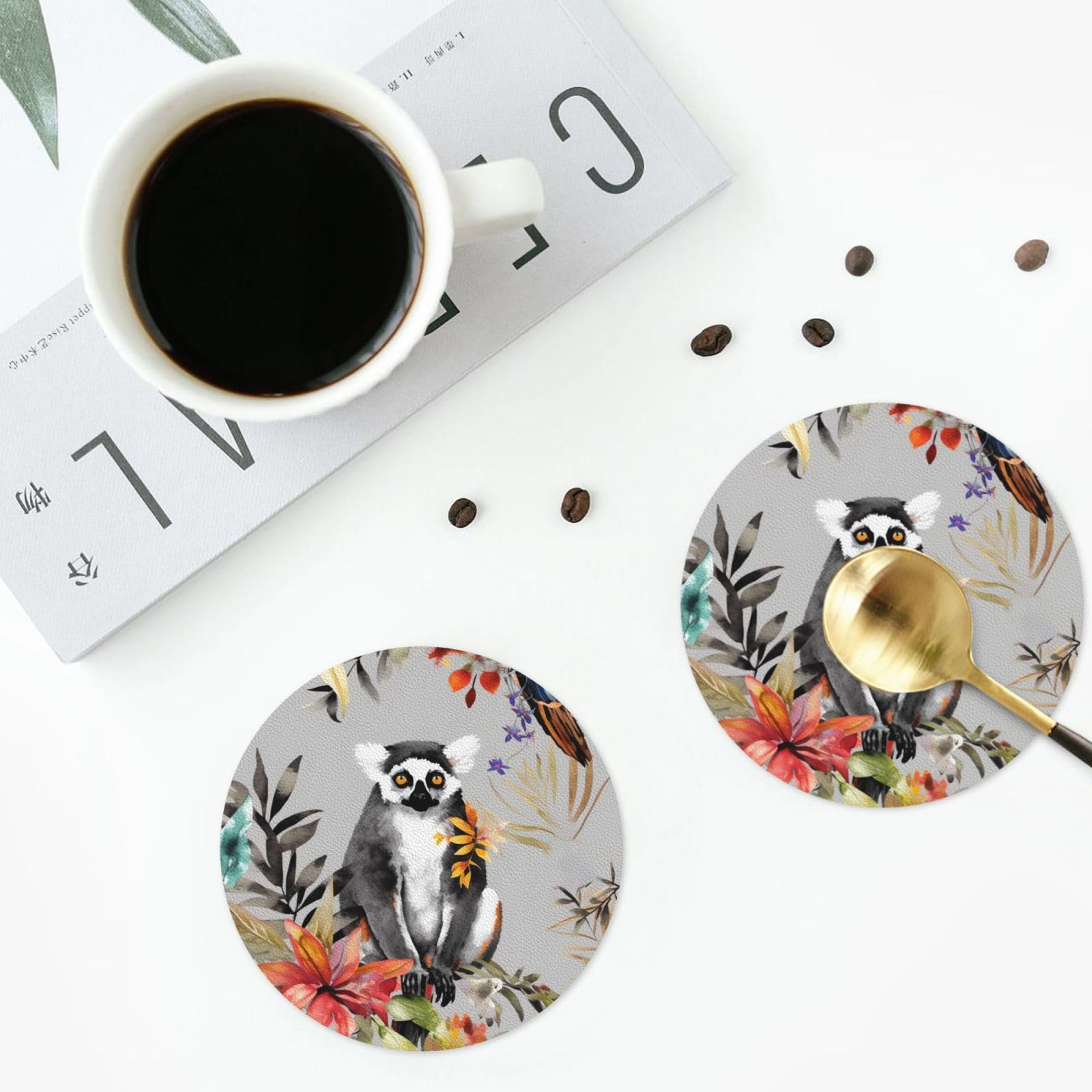 Amazon.com: Animals Lemur Flowers Pattern Print Leather Coaster