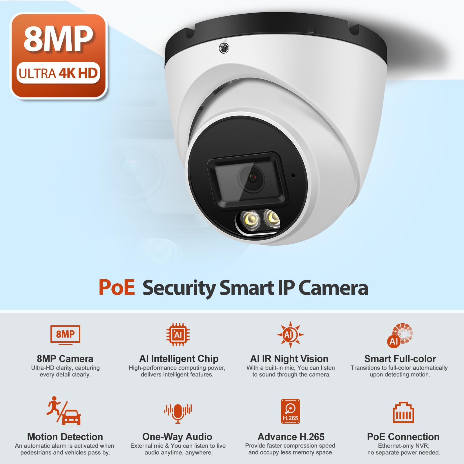 MWRCTV Kamera kopułkowa 4K 8 MP, inteligentne podwójne światła, wieża PoE, kamera IP na zewnątrz wewnątrz, obiektyw szerokokątny 2,8 mm, wykrywanie człowieka AI, kolorowy noktowizor, wbudowany