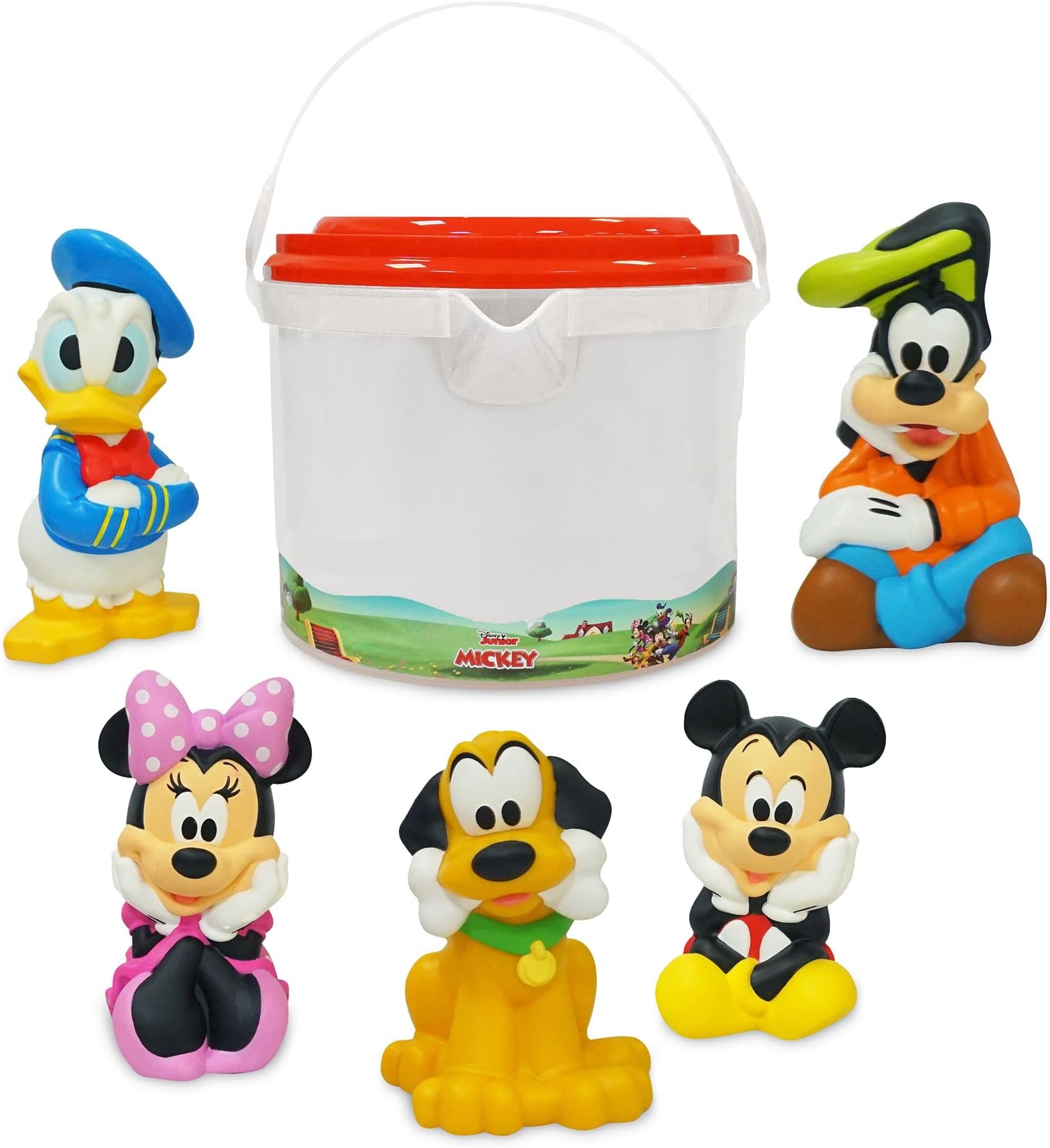 Disney Store Official Mickey and Friends Bath Toys Set - Includes 5 Detailed Toys with a Straining Storage Bucket - Bath Time Fun and Water Play Set for Kids