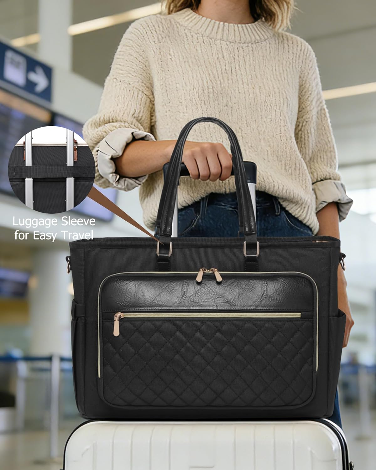 Lunch Tote Bag with 15.6" Laptop Compartment, Quilted Laptop Work Bag with Insulated Compartment 2 Cup Holders for Teacher Nurse Daily Travel