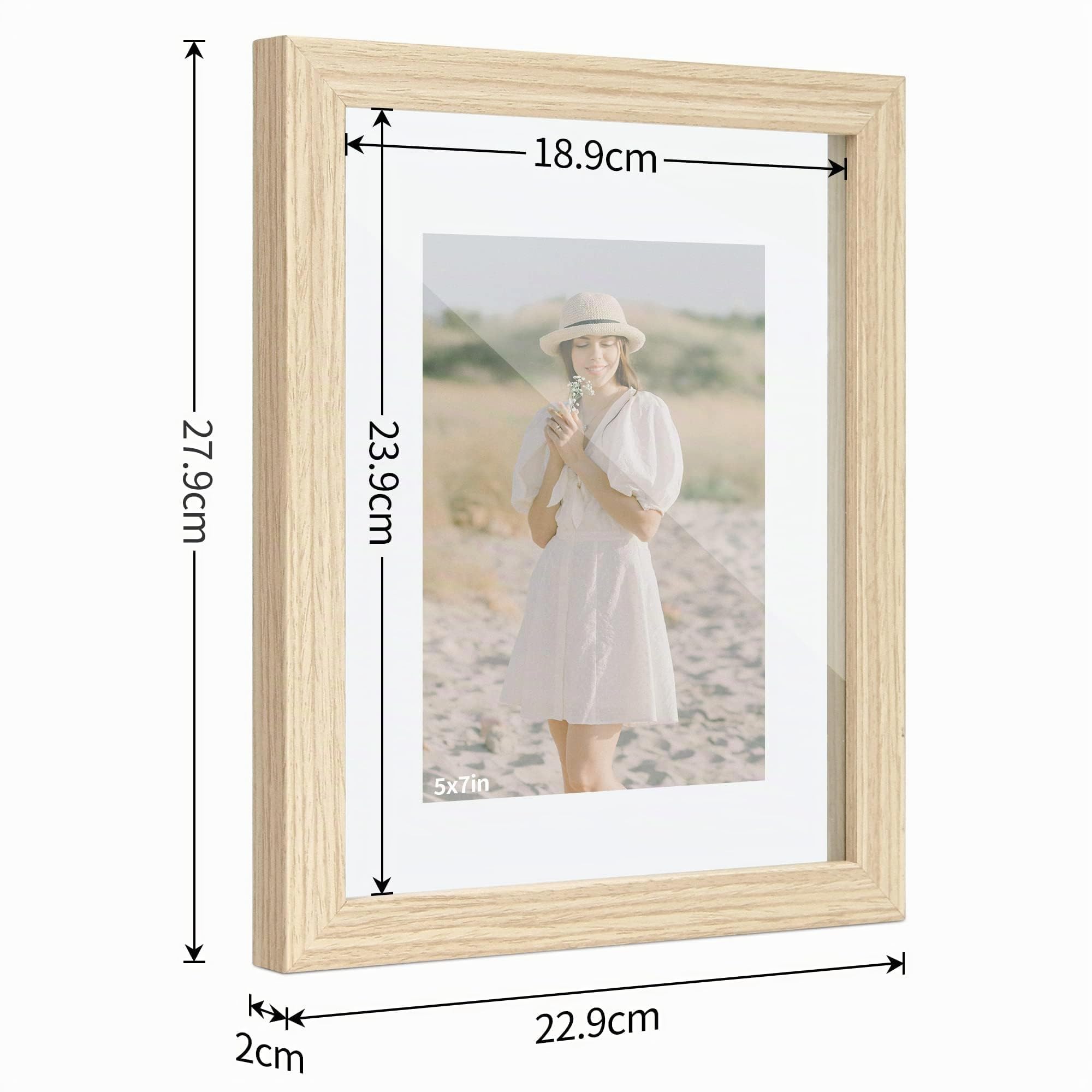 SUMGAR Doppio Vetro Cornice Foto 20x25 Fluttuante Legno Naturale Set da 2 | Set da 2 con doppio vetro effetto sospeso e clip incluse, adatto a foto o fiori secchi, da tavolo o parete