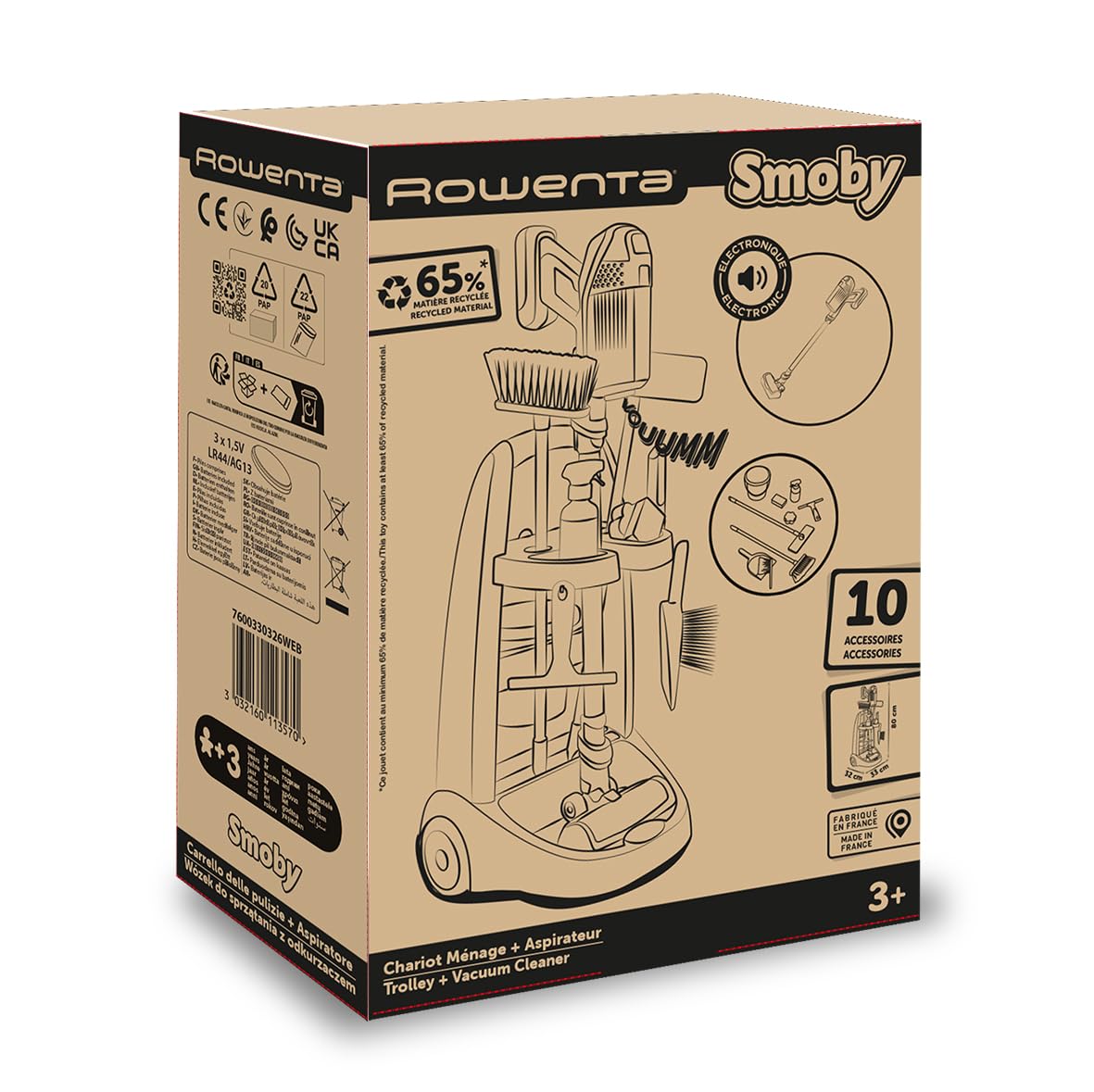 Smoby - Rowenta - Chariot de Ménage + Aspirateur Balai - Jouet d'Imitation - Fonction Electronique - 10 Accessoires - A Partir de 3 Ans - Fabrication Française